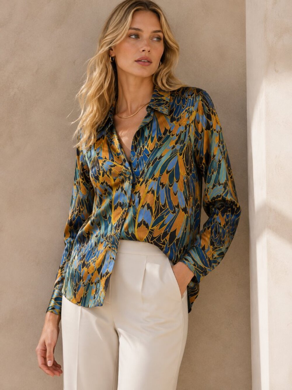 L'AGENCE Tyler 100% Silk Feather Print Button Down Blouse Blue Gold Medium